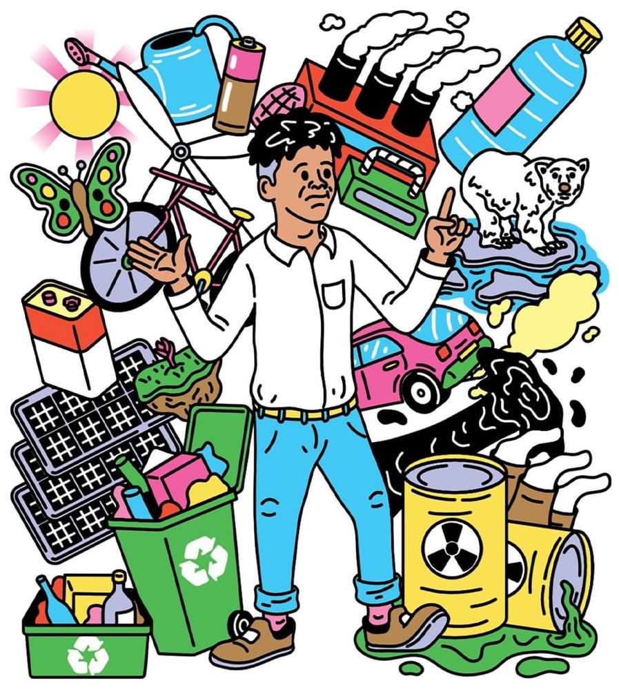 Illustration of a man gesturing amid various environmental icons, including solar panels, recycling bins, wind turbines, and pollution sources.