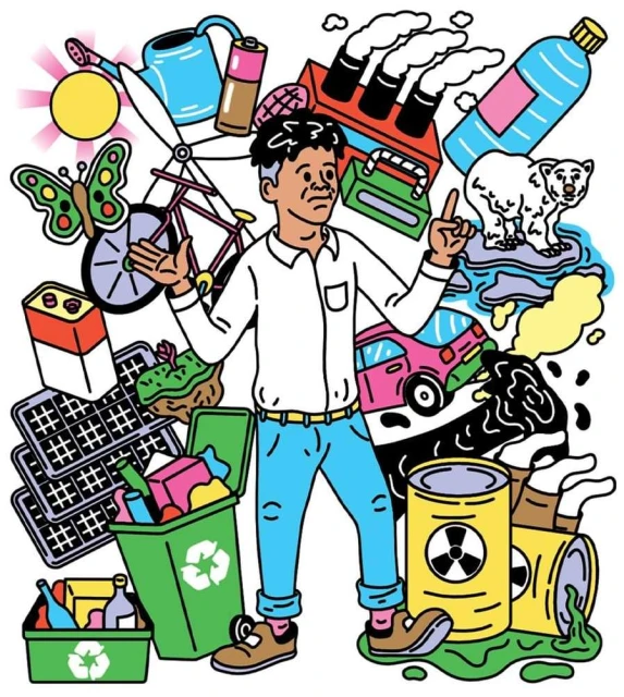 Illustration of a man gesturing amid various environmental icons, including solar panels, recycling bins, wind turbines, and pollution sources.