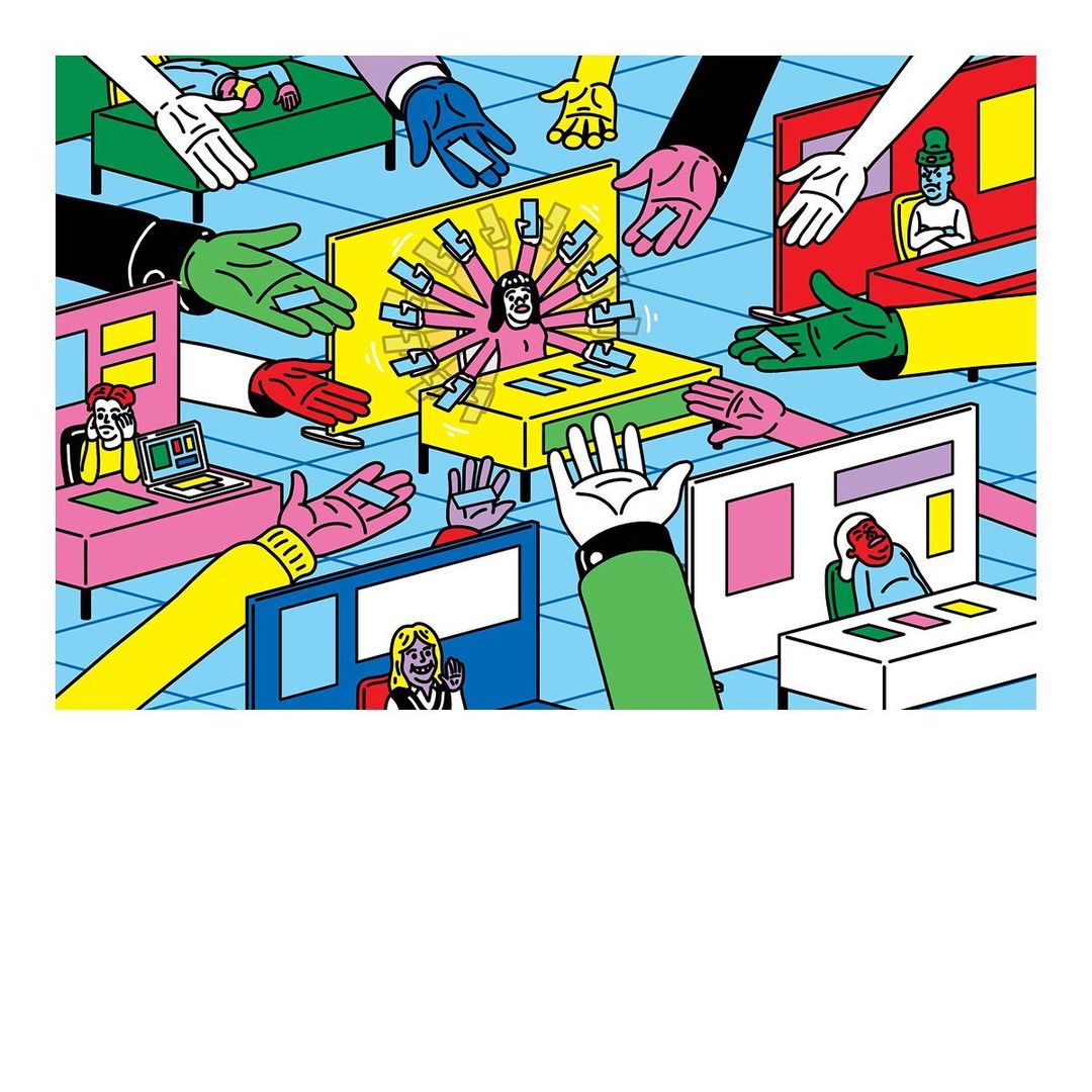 Illustration of a woman at a desk overwhelmed by papers and hands reaching in with blue pills in an office environment with desks and people.