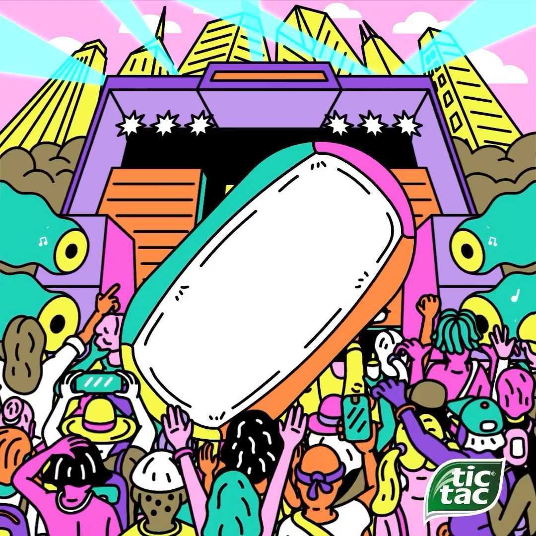 Illustration of a crowd of people in front of a stage with a large Tic Tac container, set against a colorful city backdrop.