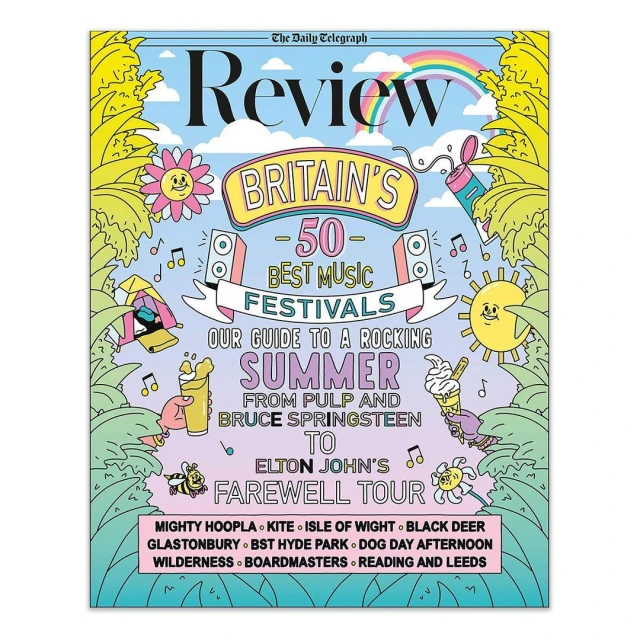 Illustration of a magazine cover with text, cartoon sun, flowers, ice cream and palm fronds, for a guide to summer music festivals.