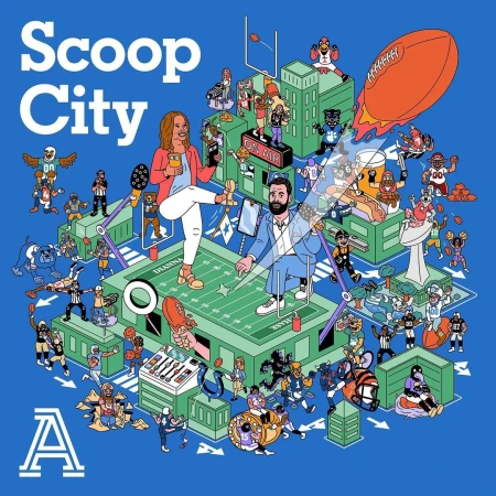 Illustrated cover art features two cartoon people, American football players, stadium, and buildings against a solid blue background.