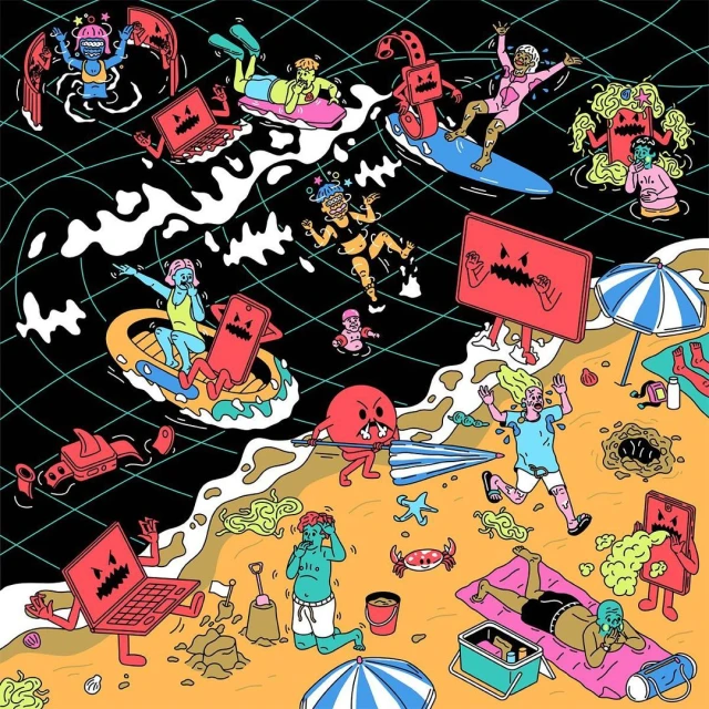 Illustration of a crowded beach scene featuring people, anthropomorphic digital devices, and beach items in a bold, cartoon style.