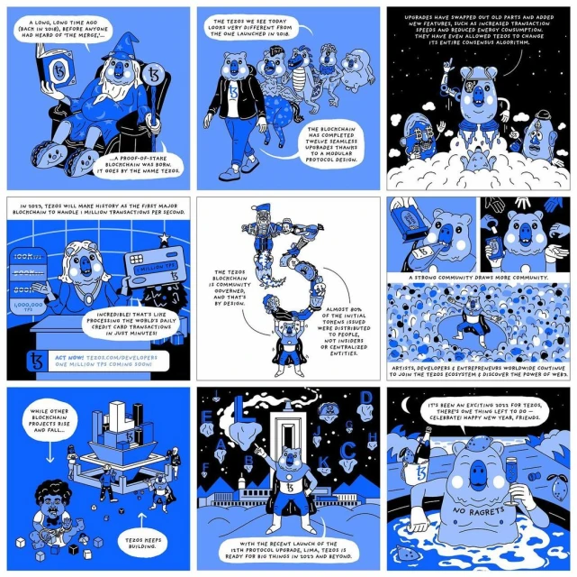 Comic strip showcases Tezos blockchain evolution with bear characters, numbers, and architectural themes in vibrant blues and whites.