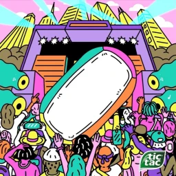 Colorful illustration by James Clapham featuring a large Tic Tac mint over a vibrant music festival crowd in front of a stage