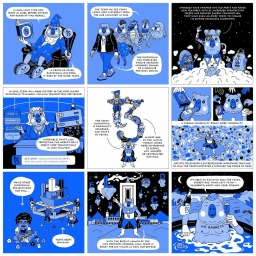 A multi-panel comic illustration featuring blue character illustrations by James Clapham in London.