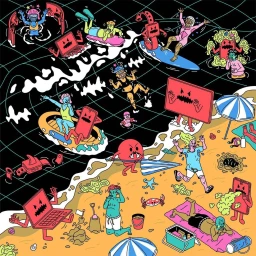Colorful digital illustration of beachgoers and anthropomorphic tech devices in a surreal seaside landscape.