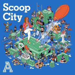 Detailed isometric illustration of football theme by James Clapham with characters and stadium elements on blue background