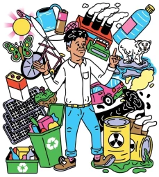 Illustrated man standing amidst environmental icons including a wind turbine factory and recycling bins by James Clapham