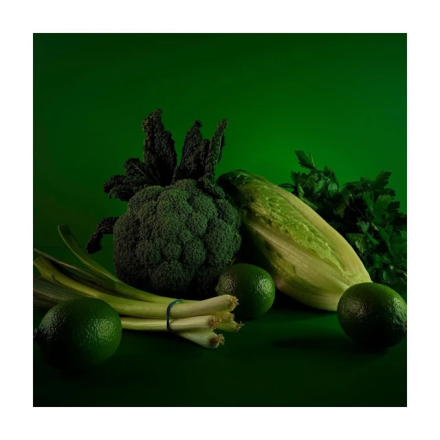 Still life featuring fresh produce: a head of broccoli, romaine lettuce, limes, green onions, parsley, and black kale, all in shades of green.