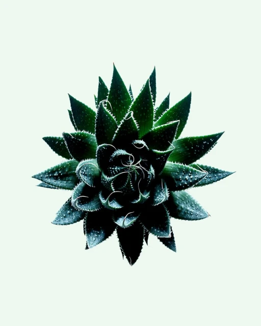 A succulent plant with dark green leaves arranged in a rosette formation, captured in a close-up shot against a clean, pale background.