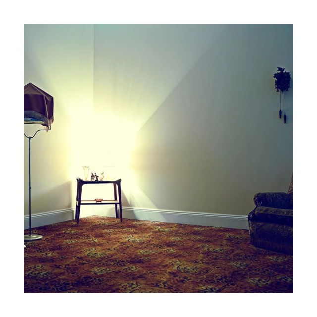 Interior scene with patterned carpet, side table holding glassware, a floor lamp with a shade, and a glimpse of an armchair.
