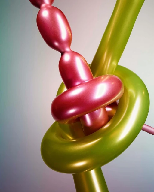 Abstract art featuring intertwined and knotted pink and green balloon sculptures against a soft, graduated background.