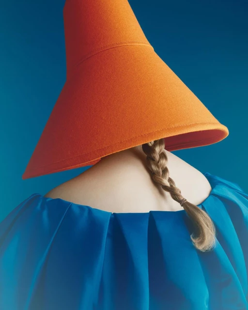 Woman wearing a conical orange hat and blue dress stands against a vibrant blue background in this minimalist studio fashion shot.