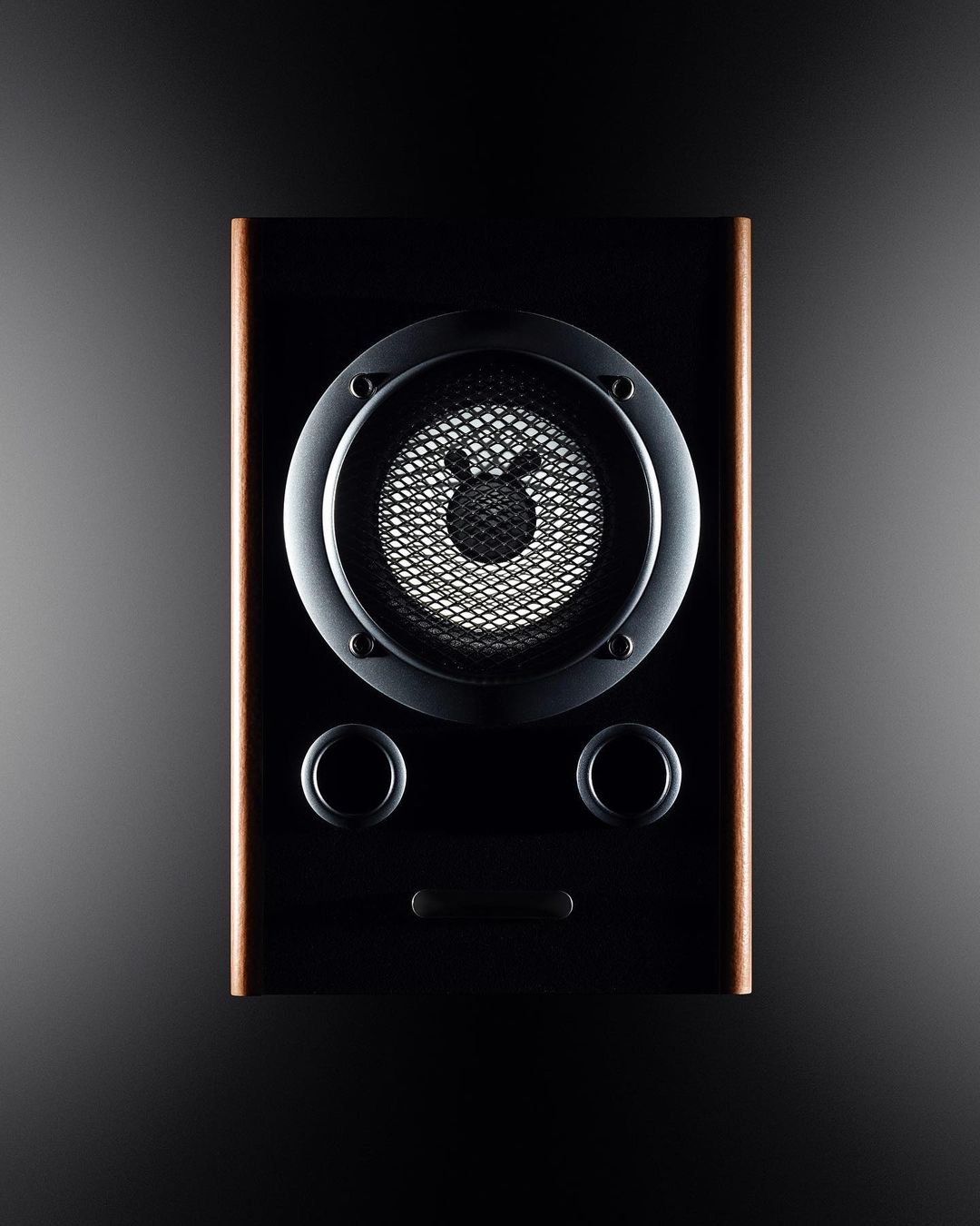 High-angle studio shot of a modern black speaker with a wood border. The speaker features a central tweeter with visible wiring.