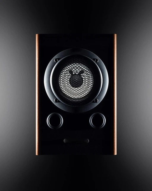 High-angle studio shot of a modern black speaker with a wood border. The speaker features a central tweeter with visible wiring.
