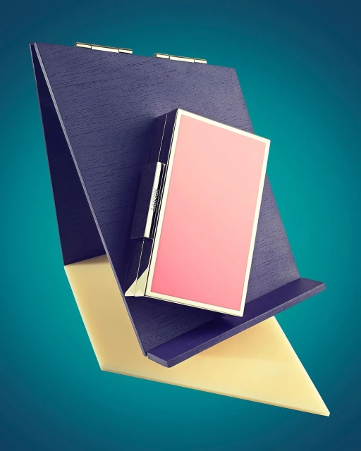 Elevated view of an open book with a pink book resting on the side, showcasing its cover, binding, and the angle created by the support.