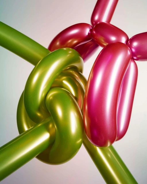 Close-up of green and pink twisted, knotted, and inflated balloon animal figure, lit dramatically against a soft gradient background.