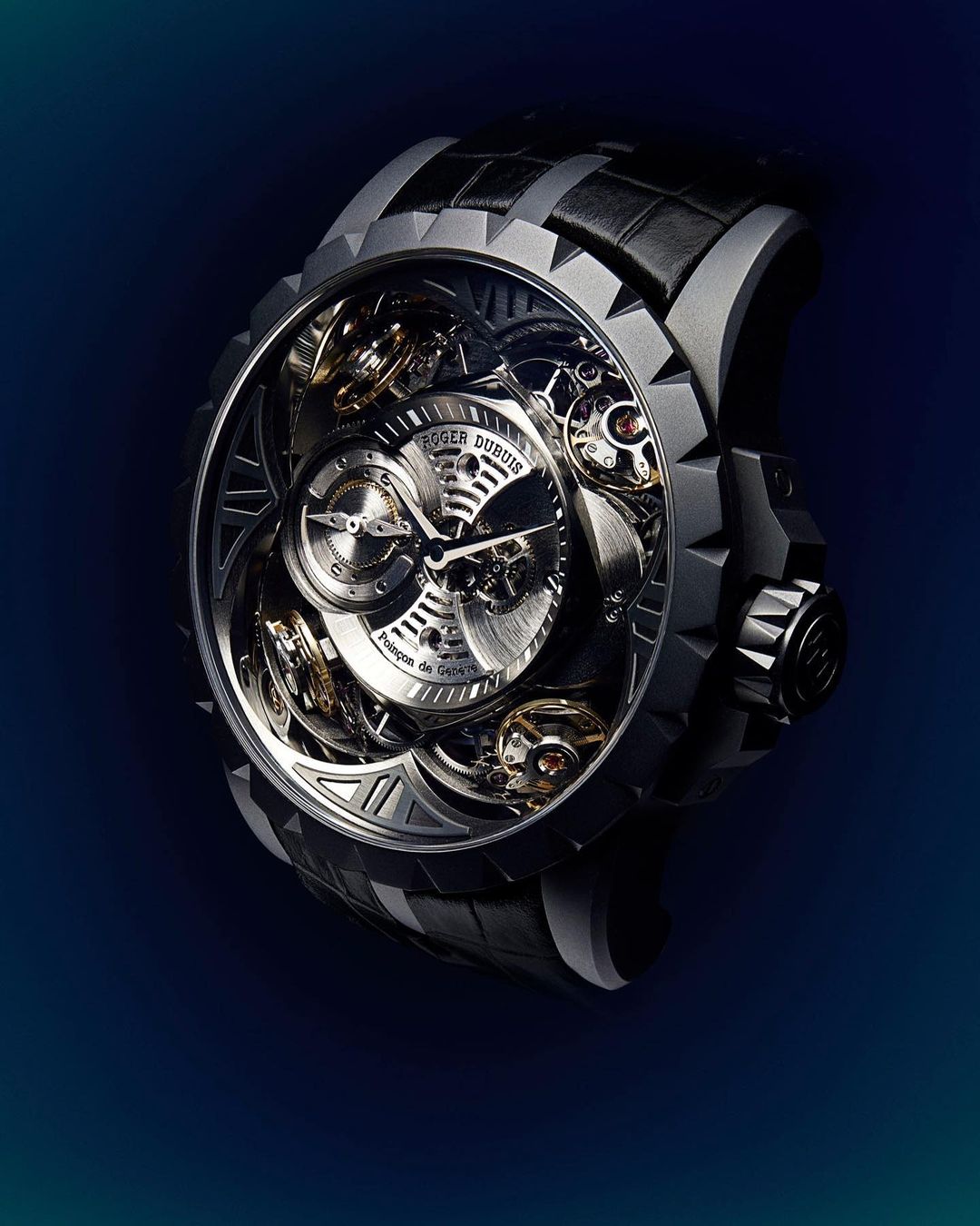 Close-up shot of a complex mechanical wristwatch with an open face revealing the intricate inner workings and a dark textured band.