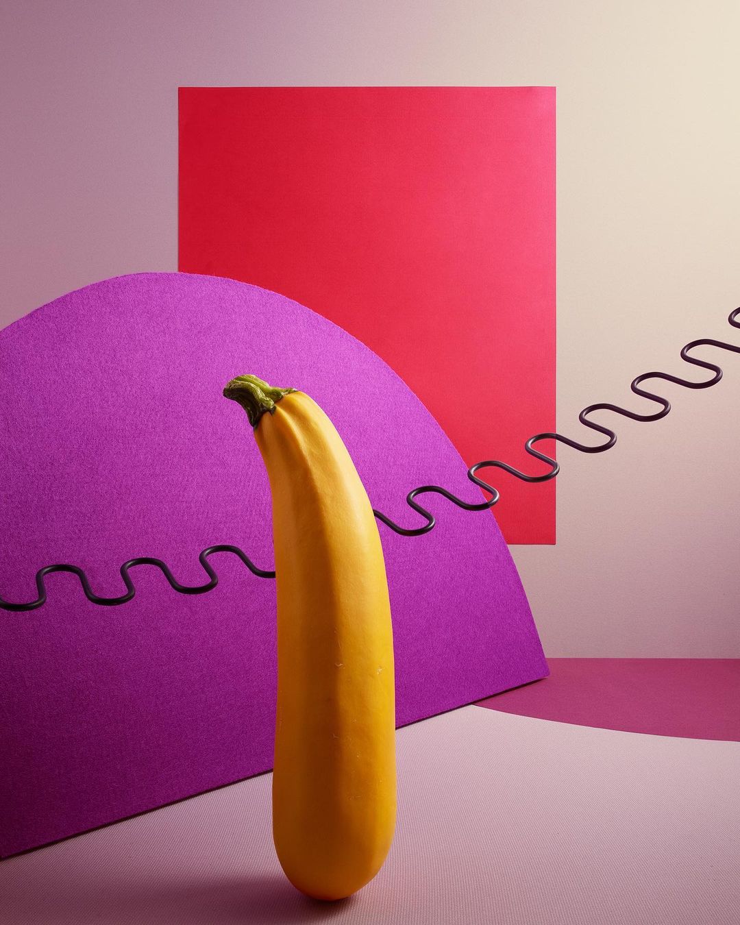 Still life with a yellow zucchini standing upright against a purple geometric background with a red square and black wire accent.