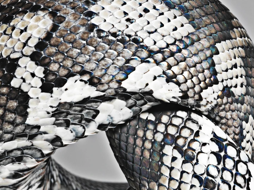 Detailed close-up showing the textured skin of a snake with a striking pattern of black, white, and grey scales. Nature photography.