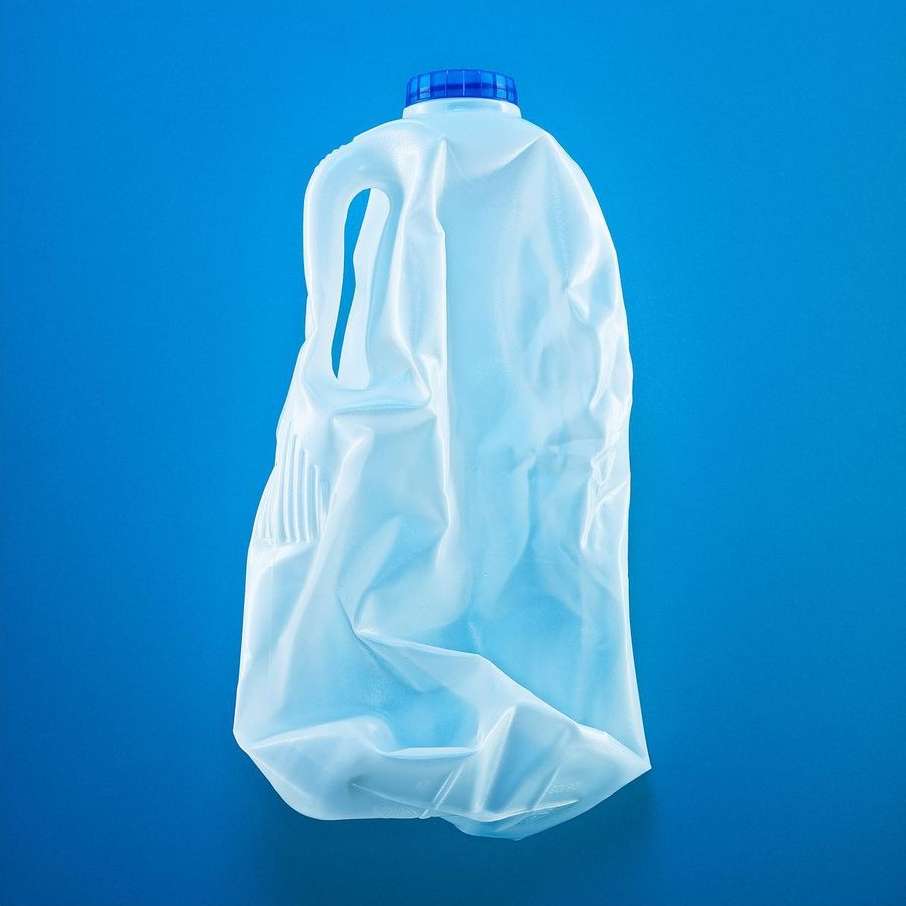 Studio shot of a translucent plastic milk jug with a blue cap against a solid blue background. The jug appears slightly crushed.