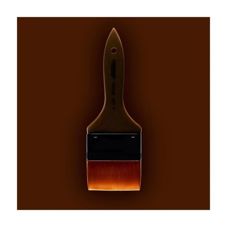Angled shot of a paint brush with brown bristles and a brown handle on a brown background, showcasing simple composition and warm tones.
