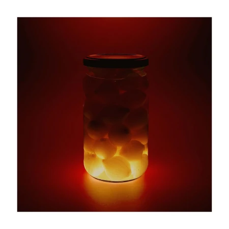 Glowing jar of preserved food against a reddish-orange background. Glass container filled with light-colored pickled spheres, moody lighting.