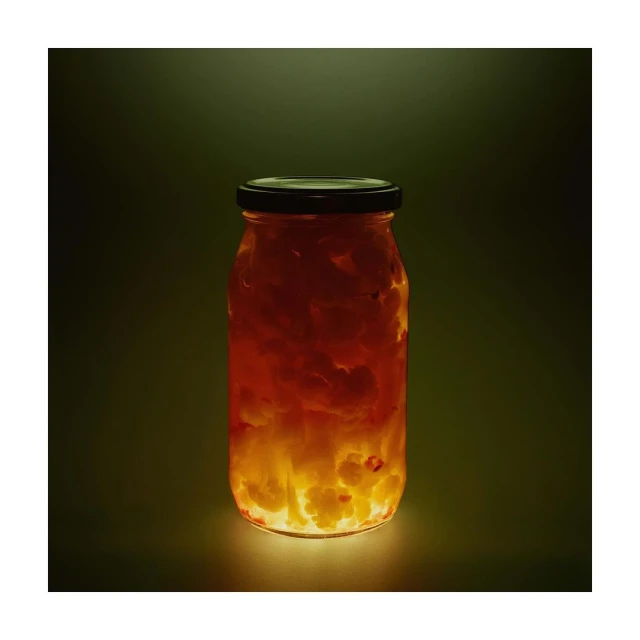 A vibrant glass jar filled with a translucent, golden preserve, lit from below against a moody, dark green background, studio food photography.