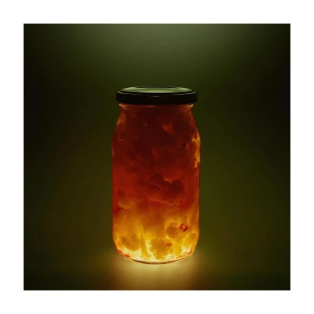 A vibrant glass jar filled with a translucent, golden preserve, lit from below against a moody, dark green background, studio food photography.