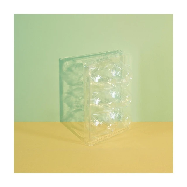 Close-up studio shot of a transparent plastic egg carton against a backdrop featuring light green and yellow-beige color-blocked sections.