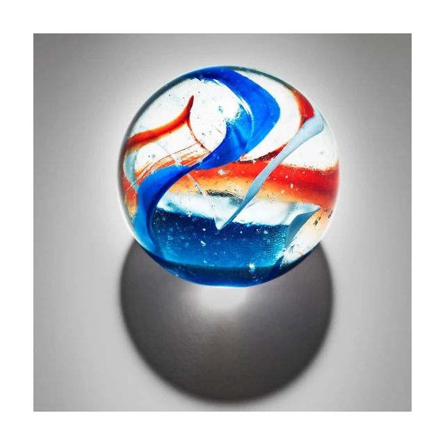 Macro photograph of a glass marble with red, white, and blue swirls on a gray background, casting a soft shadow.
