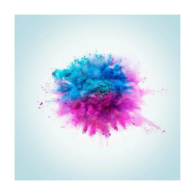 Dramatic cloud of blue and pink powder suspended against a gradient light blue background, ideal for abstract or beauty concepts.