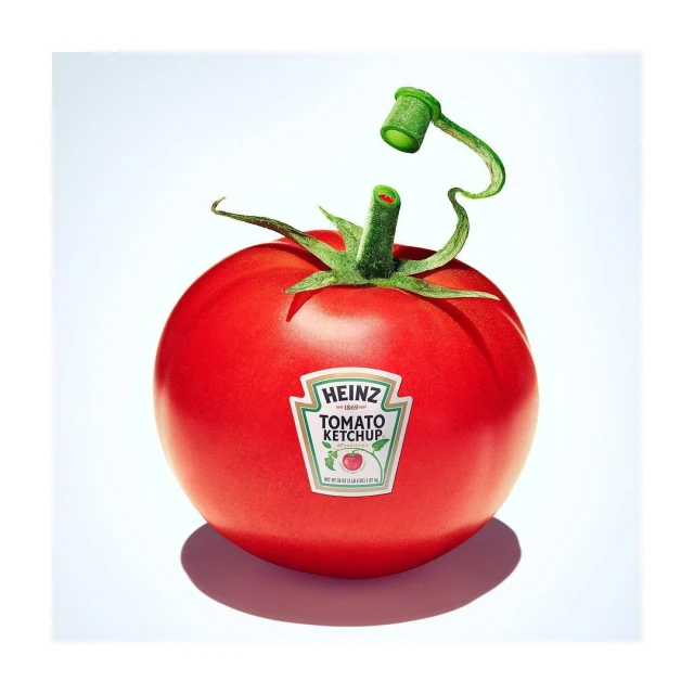 Tomato with Heinz Tomato Ketchup label and green stem on bright white background. Food and beverage product photography.