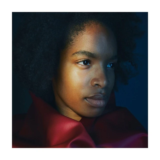 Portrait of a young African American woman with dark curly hair and a serious expression in a studio with dark blue background.