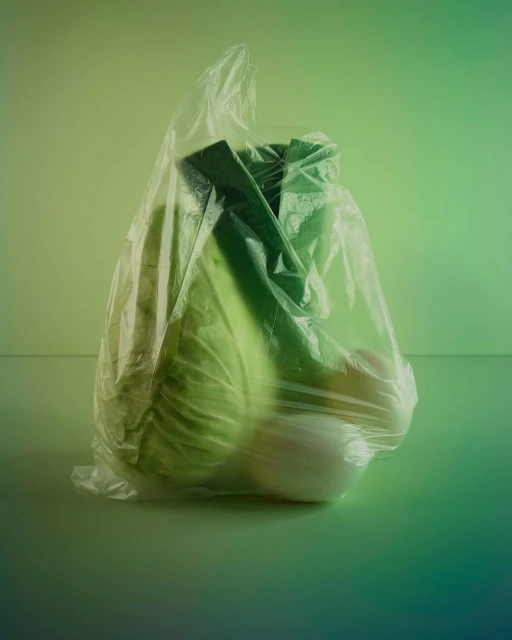 Close-up studio shot of cabbage, leek, and onion inside a clear plastic bag, lit by green gradient background lighting.