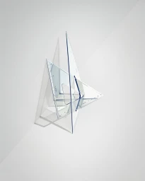 Transparent plastic set squares arranged in a geometric sculpture against a plain light background