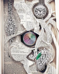Diamond and jeweled luxury watches arranged within intricately carved pages of an old book by photographer James Day.