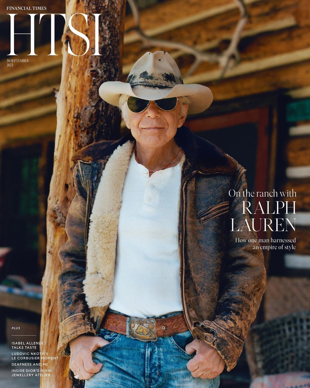 Magazine cover featuring Ralph Lauren in a cowboy hat and jacket, standing in front of a wooden building, with 'Financial Times' text.