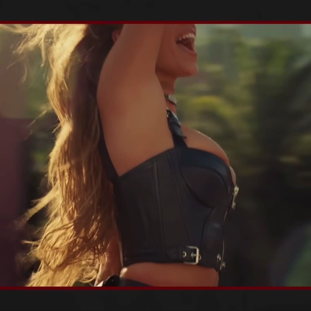 Woman with long brown hair wearing a dark bustier and standing in front of a blurred green landscape with sunlight. 