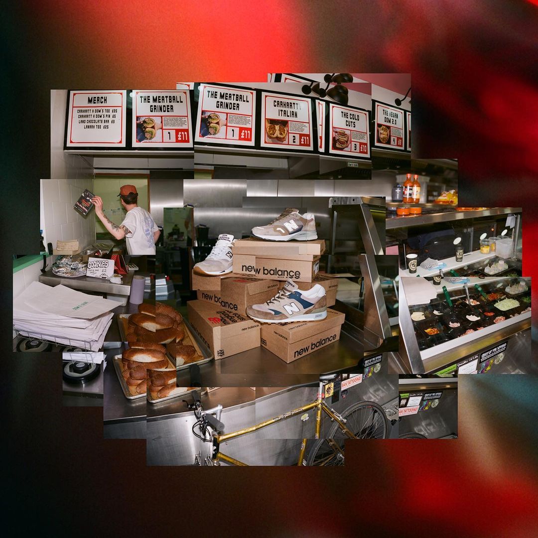 Sneakers displayed on New Balance boxes with food service worker in background and restaurant menu on the wall in a collage-style image.