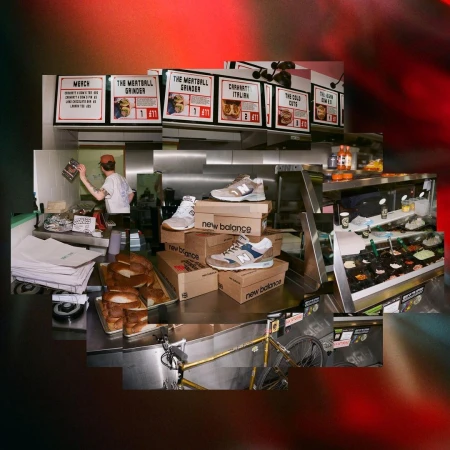 Sneakers displayed on New Balance boxes with food service worker in background and restaurant menu on the wall in a collage-style image.