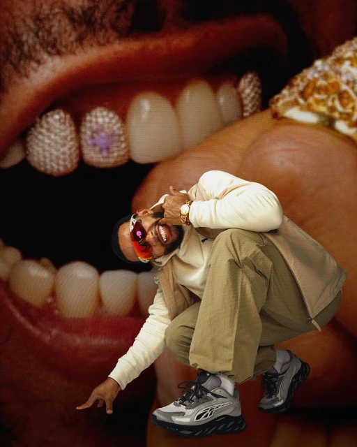 Man in a crouch wearing sneakers and sunglasses, overlaid on an image of a mouth with diamond-studded teeth, creating a surreal effect.