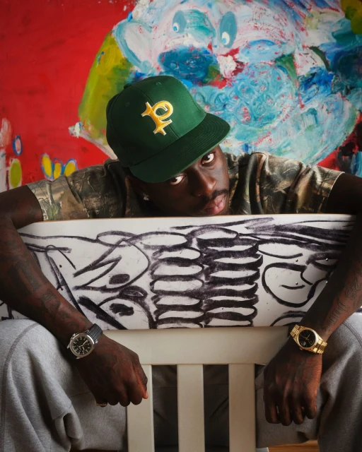 A man wearing a green cap and two wristwatches leans on a white surface with a black graphic design, against a colourful background.