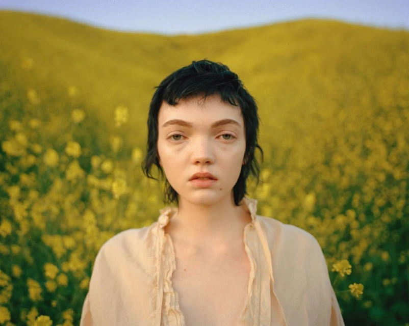 Close-up portrait of a young adult woman with short dark hair, gazing directly at the camera, set against a field of yellow wildflowers.