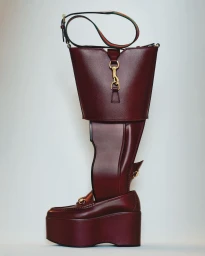 Surreal burgundy leather platform loafer boot with gold hardware and a strap, set against a plain light grey background.