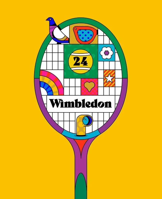 Pop art illustration of a tennis racket head with geometric designs, set against a solid yellow background with Wimbledon text.