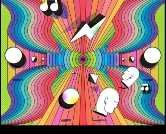 Abstract colorful graphic art illustration with rainbow lines, geometric shapes, music notes, and stylized human face profiles.