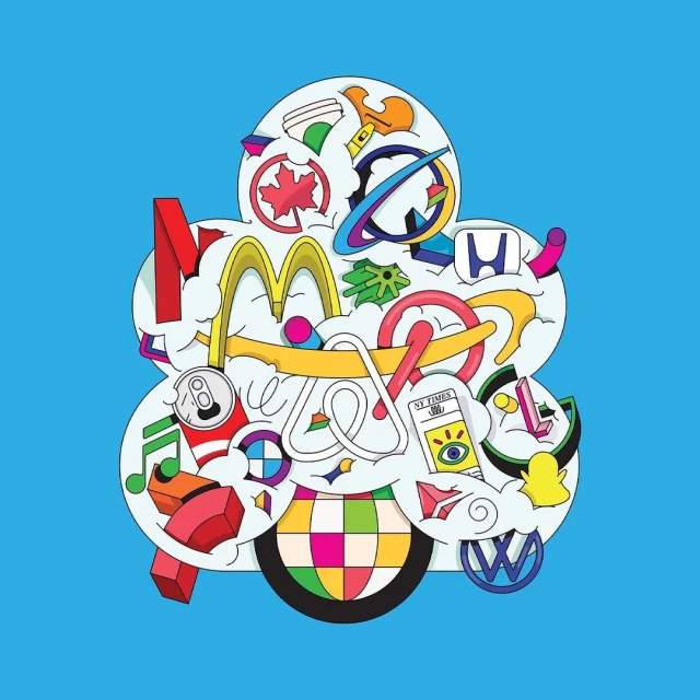 Illustration with a white cartoon-like shape containing assorted brand logos, food, and objects on a light blue background.