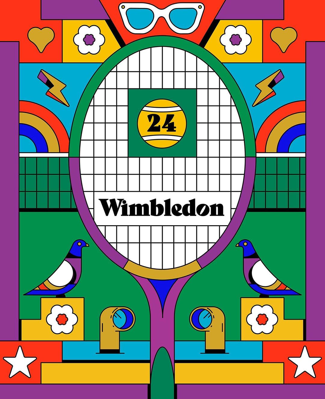 Colorful illustration featuring a tennis racket, ball with '24', birds, flowers, and graphic elements, creating a retro, symmetrical design.